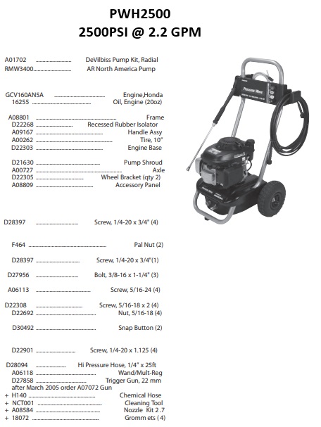 PORTER CABLE PWH2500 power washer repair parts and manual